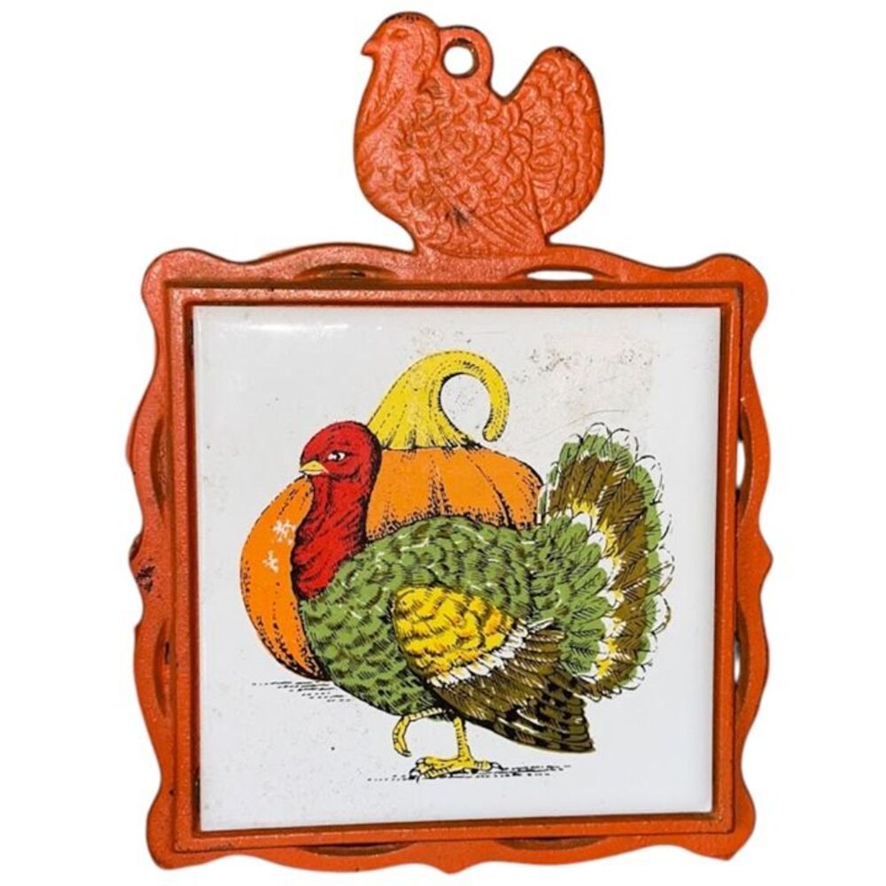 Vintage Orange Pumpkin Turkey Thanksgiving Ceramic Tile Cast Iron Trivet